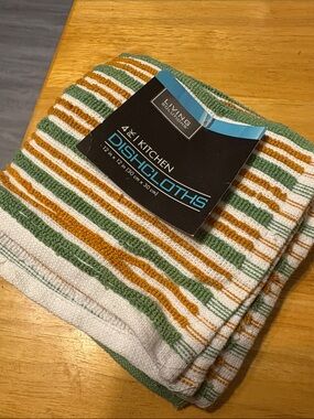 Living Solutions Green & Gold Striped Kitchen Dishcloths - 4 Pack